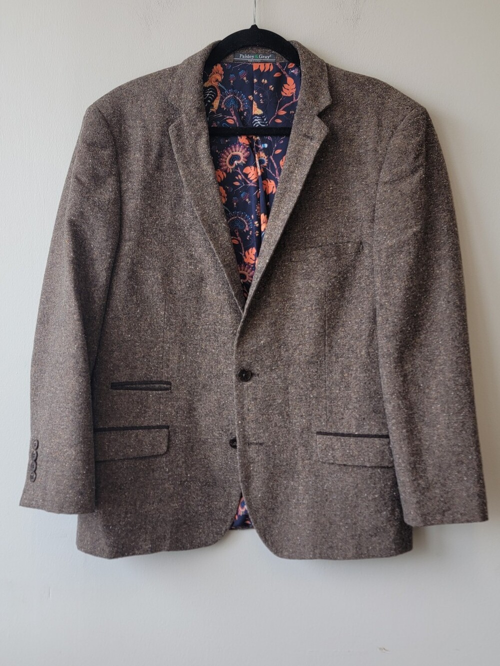 Paisley & Gray Herringbone Slim Fit Sport Coat Gray Brown Floral Size 44R